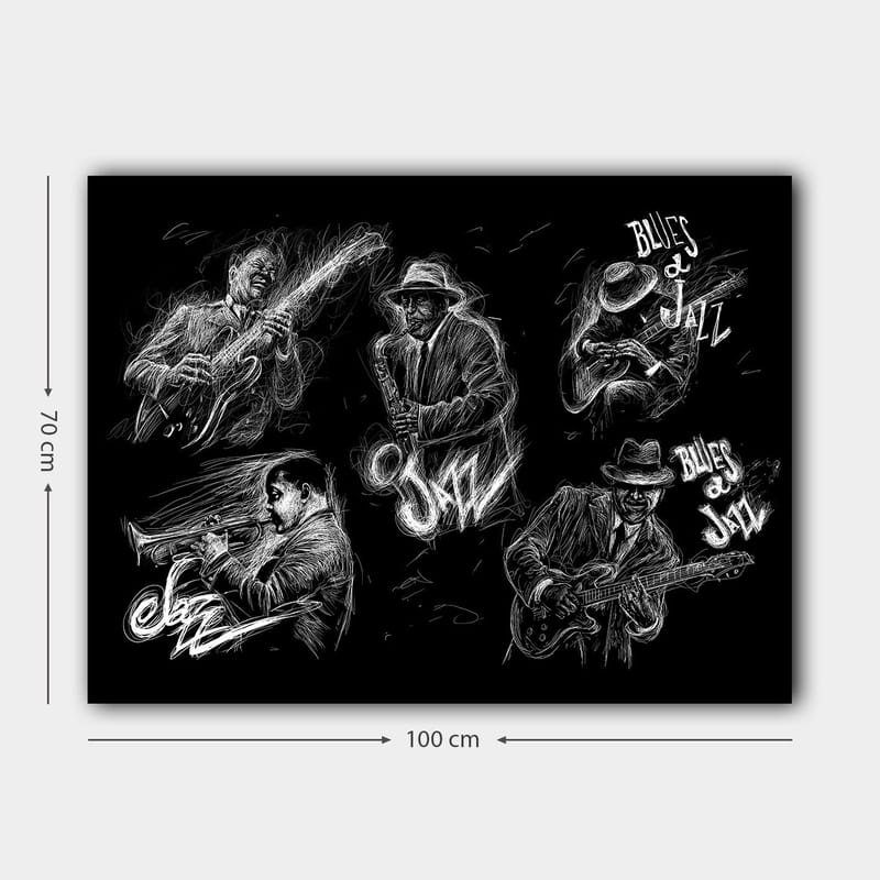 Canvastavla 70x100 cm - Dynamisk skildring av jazzmusiker som spelar olika instrument i en energisk komposition - Svart / Vit - Inredning - Tavlor & konst - Canvastavlor