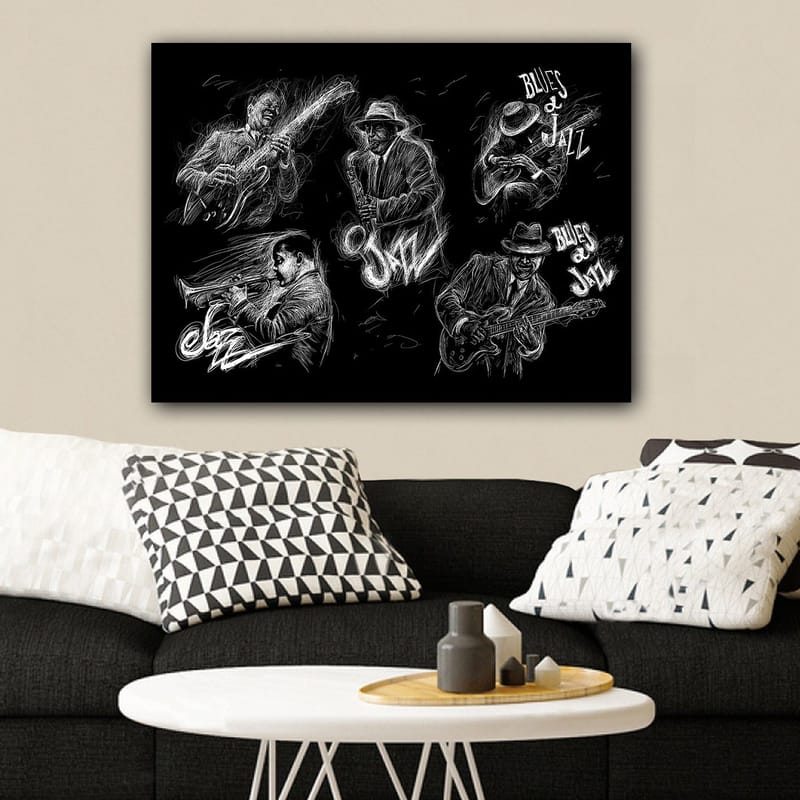 Canvastavla 70x100 cm - Dynamisk skildring av jazzmusiker som spelar olika instrument i en energisk komposition - Svart / Vit - Inredning - Tavlor & konst - Canvastavlor