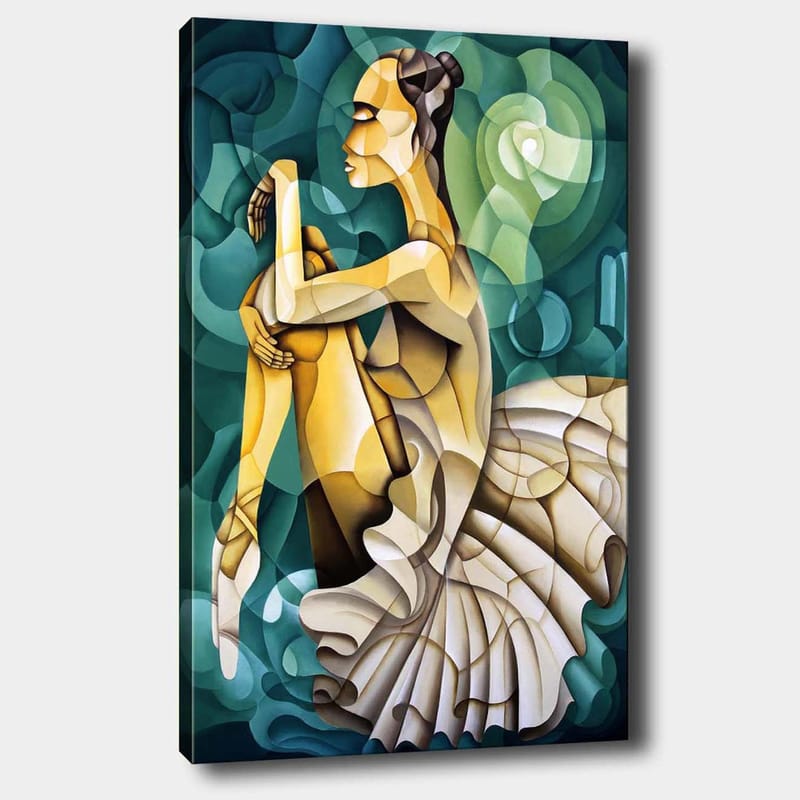 Canvastavla 70x100 cm - Elegant balettdansös i en stiliserad pose med fokus på rörelse och form, Guld / Grön / Vit