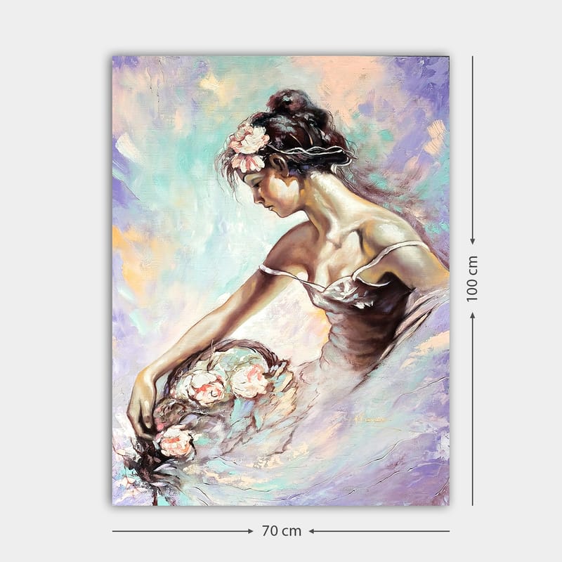 Canvastavla 70x100 cm - Elegant ballerina som plockar blommor med en drömmande och mjuk uttryck - Ljusrosa / Mintgrön / Beige - Inredning - Tavlor & konst - Canvastavlor