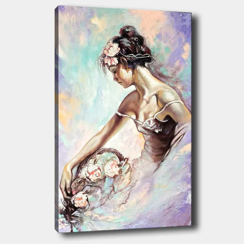 Canvastavla 70x100 cm - Elegant ballerina som plockar blommor med en drömmande och mjuk uttryck, Ljusrosa / Mintgrön / Beige