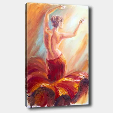 Canvastavla 70x100 cm - Elegant dansös i en röd klänning som fångar rörelsen och känslan av dans - Röd / Orange / Beige - Inredning - Tavlor & konst - Canvastavlor