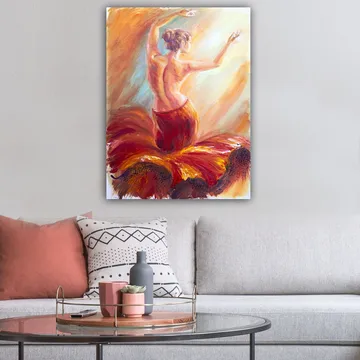 Canvastavla 70x100 cm - Elegant dansös i en röd klänning som fångar rörelsen och känslan av dans - Röd / Orange / Beige - Inredning - Tavlor & konst - Canvastavlor