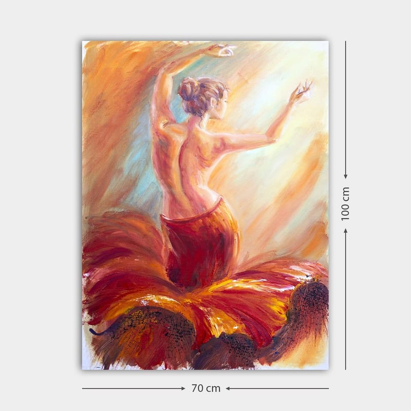 Canvastavla 70x100 cm - Elegant dansös i en röd klänning som fångar rörelsen och känslan av dans - Röd / Orange / Beige - Inredning - Tavlor & konst - Canvastavlor