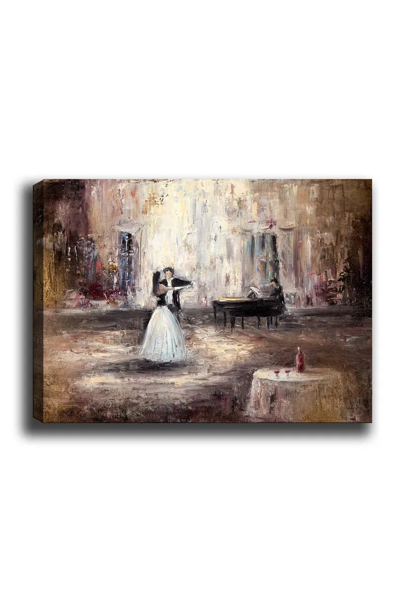 Canvastavla 70x100 cm - Elegant dansande kvinna i vit klänning framför ett piano i en romantisk miljö, Vit / Brun / Grå