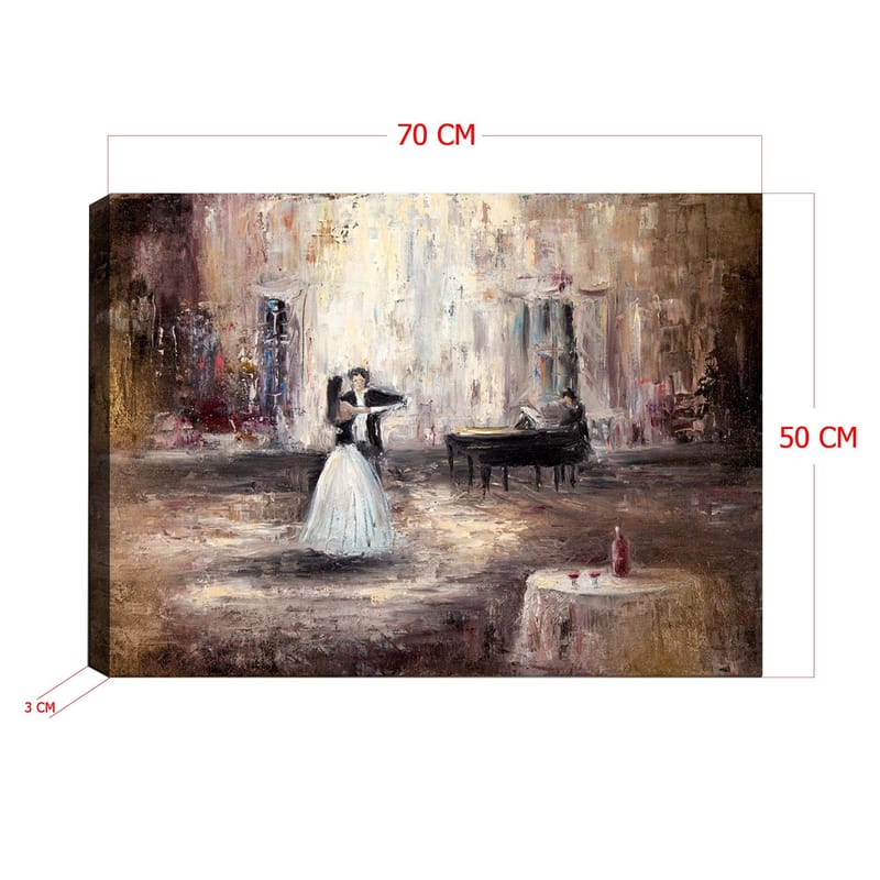 Canvastavla 70x100 cm - Elegant dansande kvinna i vit klänning framför ett piano i en romantisk miljö - Vit / Brun / Grå - Inredning - Tavlor & konst - Canvastavlor