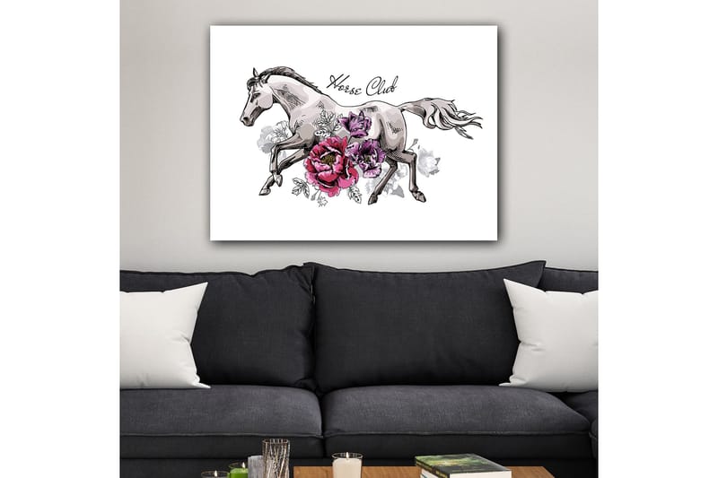 Canvastavla 70x100 cm - Elegant häst som springer fram omgiven av färgglada blommor - Grå / Rosa / Lila - Inredning - Tavlor & konst - Canvastavlor