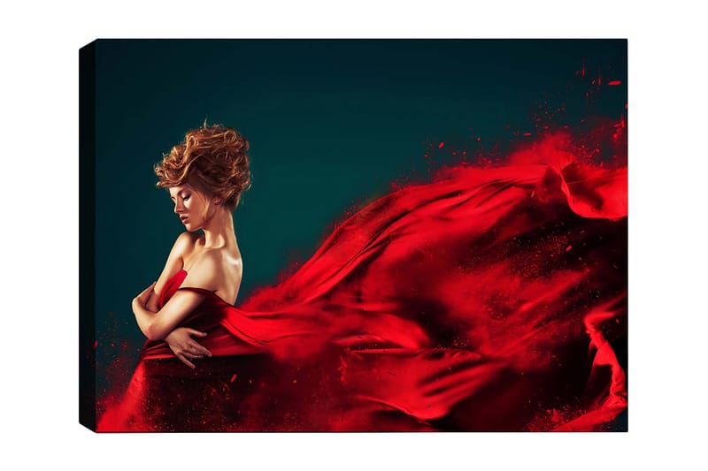 Canvastavla 70x100 cm - Elegant kvinna i röd klänning som svävar med en dramatisk rörelse, Röd / Mörkblå