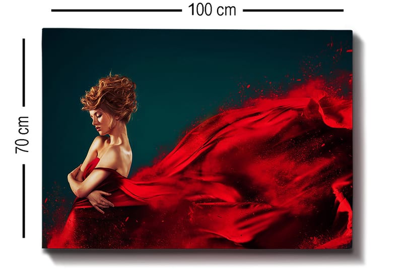 Canvastavla 70x100 cm - Elegant kvinna i röd klänning som svävar med en dramatisk rörelse - Röd / Mörkblå - Inredning - Tavlor & konst - Canvastavlor