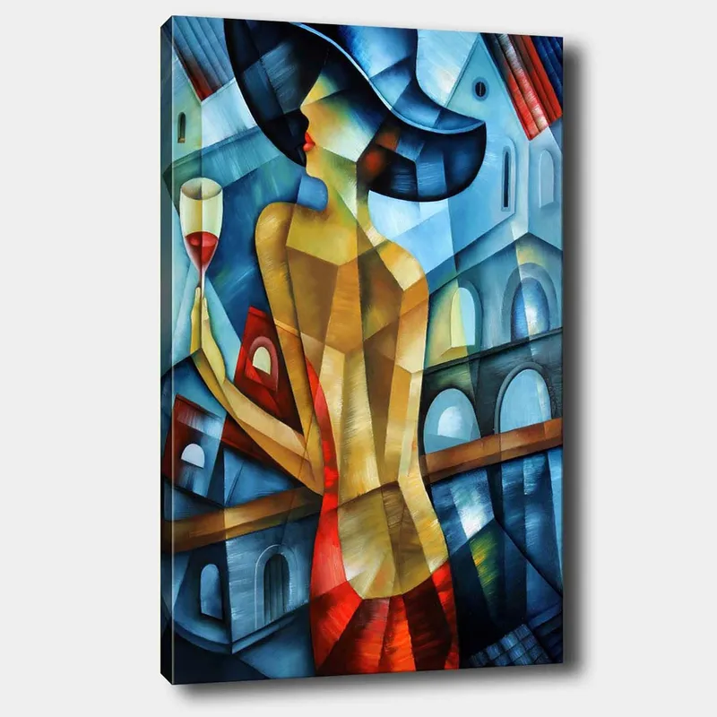Canvastavla 70x100 cm - Elegant kvinna med ett glas vin i handen, klädd i en röd klänning och en stor hatt, står framför en stiliserad stadsbakgrund, Blå / Röd / Beige