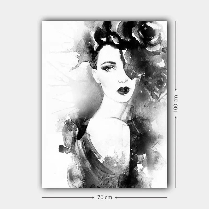 Canvastavla 70x100 cm - Elegant kvinna med mörkt hår och dramatiskt smink, omgiven av svarta blommor - Svart / Grå / Vit - Inredning - Tavlor & konst - Canvastavlor