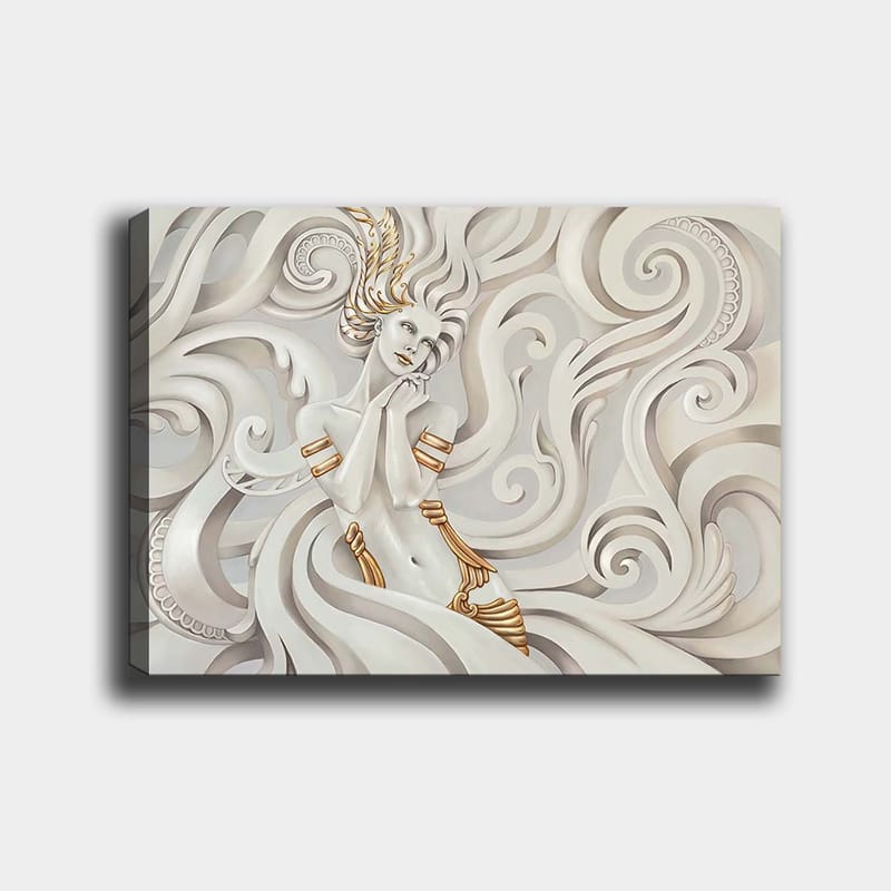 Canvastavla 70x100 cm - Elegant kvinna med svävande hår omgiven av dekorativa svängningar och mönster, Vit / Guld / Grå