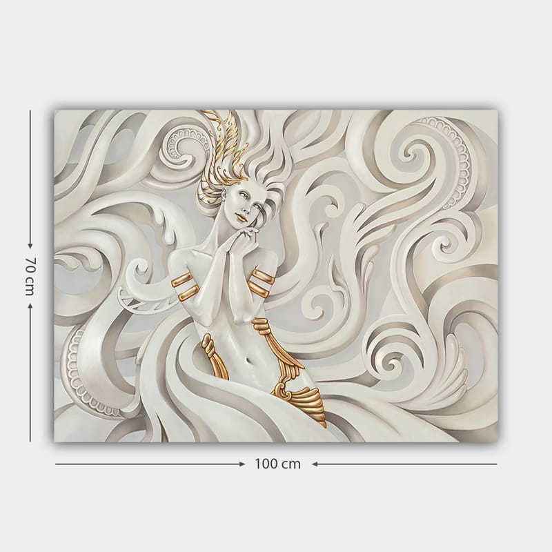 Canvastavla 70x100 cm - Elegant kvinna med svävande hår omgiven av dekorativa svängningar och mönster - Vit / Guld / Grå - Inredning - Tavlor & konst - Canvastavlor