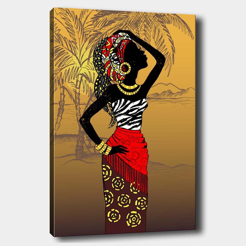Canvastavla 70x100 cm - Elegant kvinna med traditionella kläder och smycken, som poserar mot en exotisk bakgrund, Svart / Röd / Gul