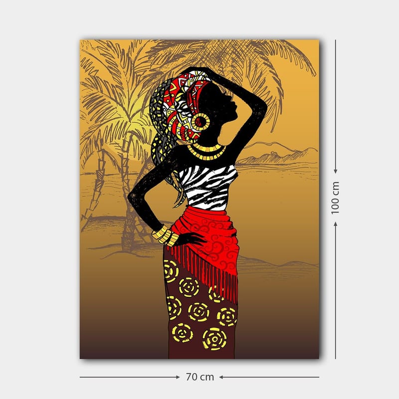Canvastavla 70x100 cm - Elegant kvinna med traditionella kläder och smycken, som poserar mot en exotisk bakgrund - Svart / Röd / Gul - Inredning - Tavlor & konst - Canvastavlor