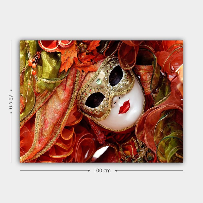 Canvastavla 70x100 cm - Elegant maskeradfigur med en utsmyckad mask och färgglad dräkt - Röd / Orange / Grön - Inredning - Tavlor & konst - Canvastavlor