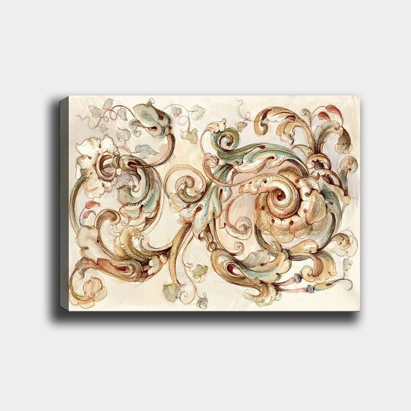 Canvastavla 70x100 cm - Elegant och detaljerad ornamentik med snurrande former och blommiga inslag, Grön / Beige / Brun