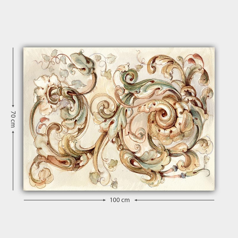 Canvastavla 70x100 cm - Elegant och detaljerad ornamentik med snurrande former och blommiga inslag - Grön / Beige / Brun - Inredning - Tavlor & konst - Canvastavlor