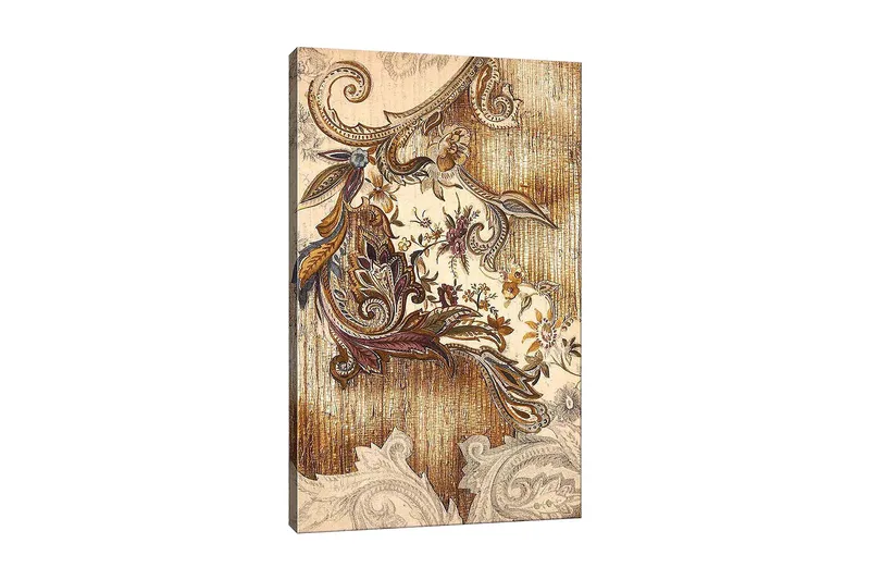 Canvastavla 70x100 cm - Elegant och detaljerad växtinspirerad dekoration med svängda former och blommönster, Guld / Brunt / Beige