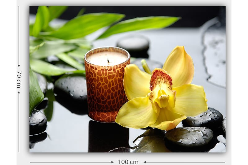 Canvastavla 70x100 cm - Elegant orkidéblomma i gult med en doftljus och svarta stenar i en harmonisk komposition - Gul / Svart / Grön - Inredning - Tavlor & konst - Canvastavlor
