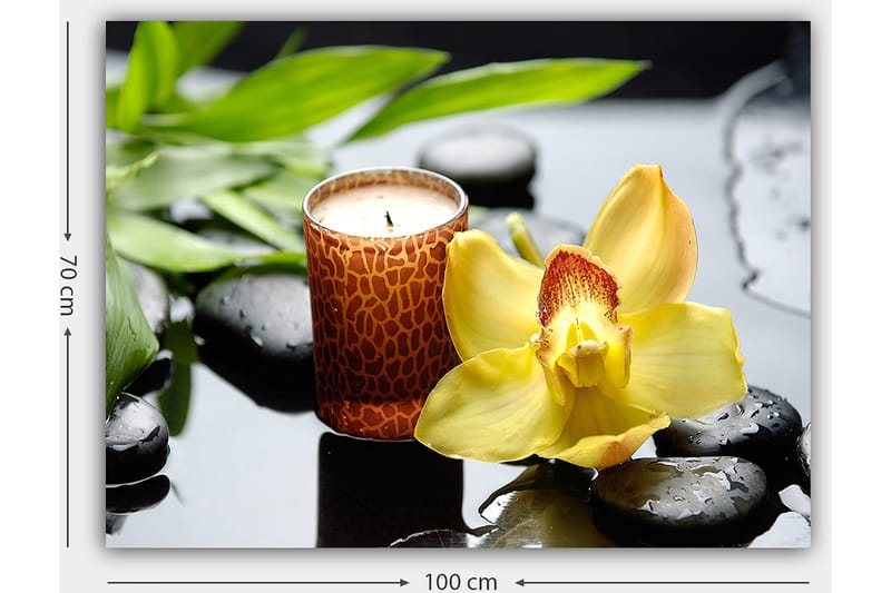 Canvastavla 70x100 cm - Elegant orkidéblomma i gult med en doftljus och svarta stenar i en harmonisk komposition - Gul / Svart / Grön - Inredning - Tavlor & konst - Canvastavlor