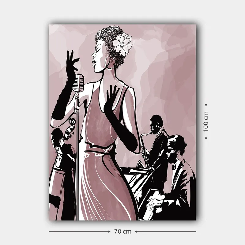 Canvastavla 70x100 cm - Elegant sångerska i fokus, omgiven av musiker som skapar en jazzig atmosfär - Mörk rosa / Svart / Vit - Inredning - Tavlor & konst - Canvastavlor