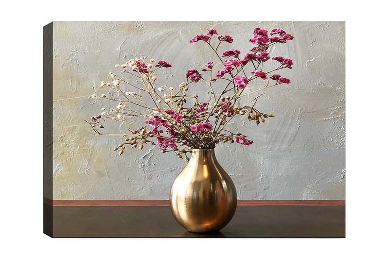 Canvastavla 70x100 cm - Elegant vas med torkade blommor i rosa och beige nyanser, Guld / Rosa / Beige