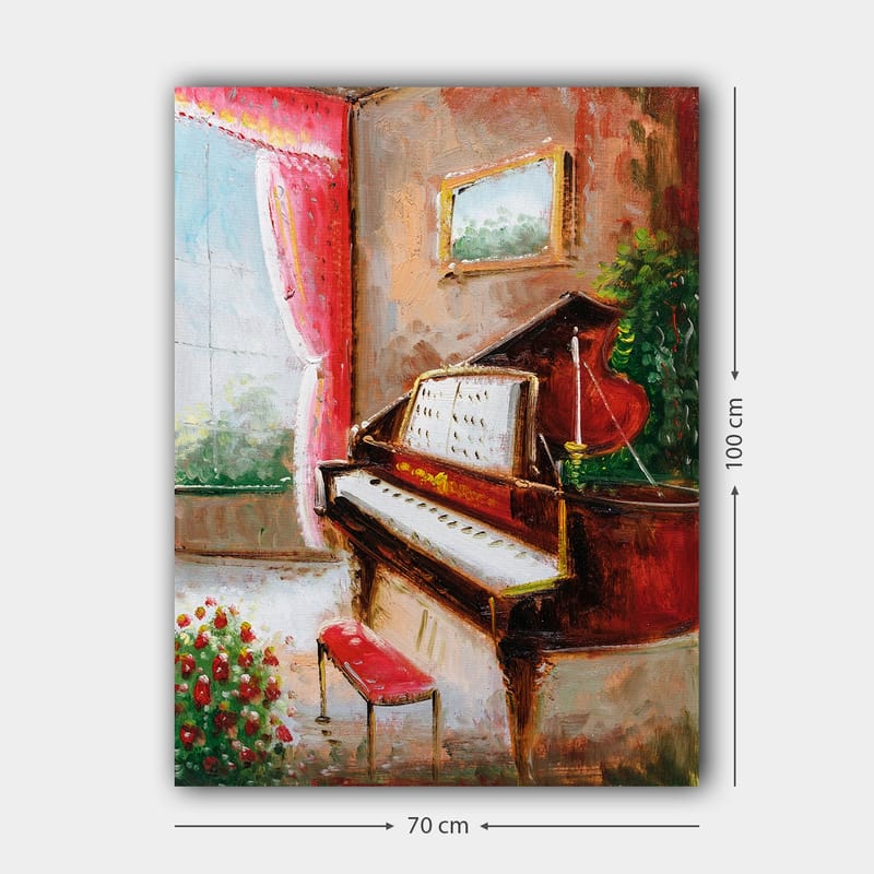 Canvastavla 70x100 cm - Elegant pianohörna med en röd piano och en bänk i en ljus och inbjudande miljö - Röd / Grön / Beige - Inredning - Tavlor & konst - Canvastavlor