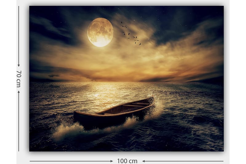 Canvastavla 70x100 cm - Ensam båt glider fram över en spegelblanka sjö under en stor, lysande måne - Mörkblå / Gyllene / Grå - Inredning - Tavlor & konst - Canvastavlor