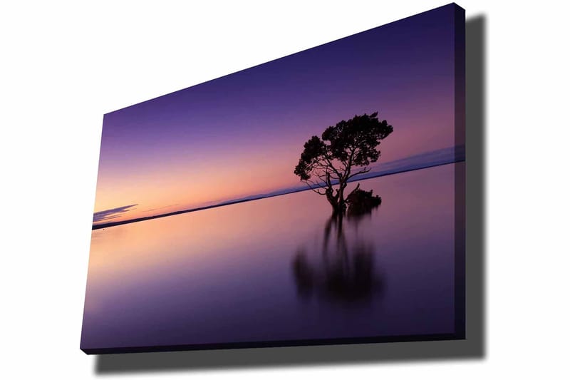 Canvastavla 70x100 cm - Ensam trädkrona speglar sig i en stilla sjö under en färgsprakande himmel vid skymning, Lila / Orange / Svart