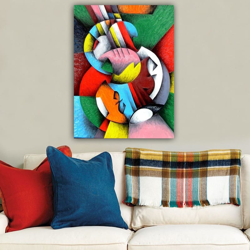 Canvastavla 70x100 cm - Ett abstrakt konstverk med en violin som huvudmotiv, omgiven av färgglada geometriska former - Röd / Grön / Blå - Inredning - Tavlor & konst - Canvastavlor