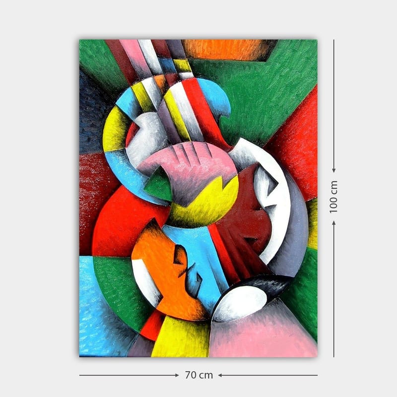 Canvastavla 70x100 cm - Ett abstrakt konstverk med en violin som huvudmotiv, omgiven av färgglada geometriska former - Röd / Grön / Blå - Inredning - Tavlor & konst - Canvastavlor