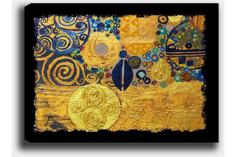 Canvastavla 70x100 cm - Ett abstrakt konstverk med gyllene cirklar och svarta spiraler som skapar en dynamisk komposition - Guld / Blå / Svart - Inredning - Tavlor & konst - Canvastavlor