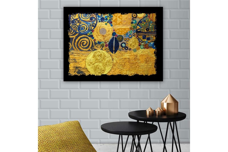 Canvastavla 70x100 cm - Ett abstrakt konstverk med gyllene cirklar och svarta spiraler som skapar en dynamisk komposition, Guld / Blå / Svart