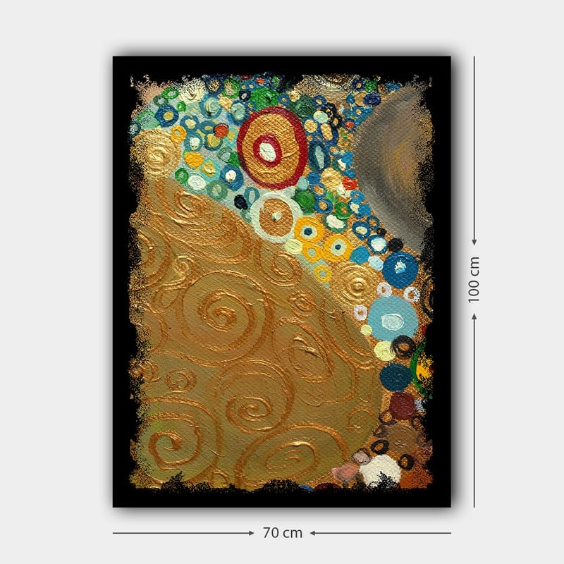 Canvastavla 70x100 cm - Ett abstrakt konstverk med gyllene spiraler och färgglada cirklar - Guld / Blå / Grön - Inredning - Tavlor & konst - Canvastavlor