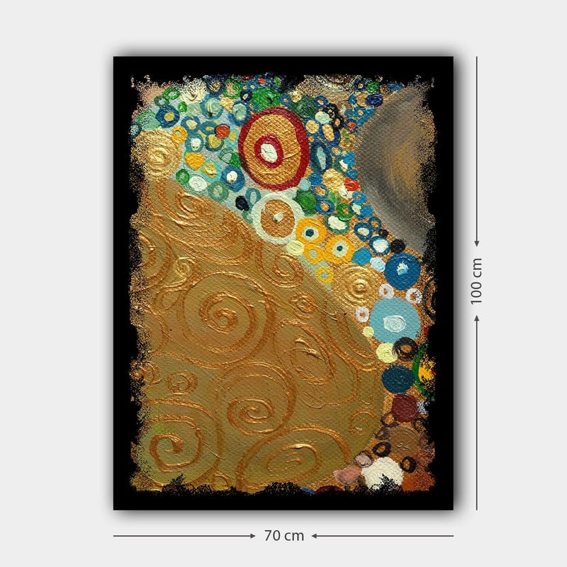Canvastavla 70x100 cm - Ett abstrakt konstverk med gyllene spiraler och färgglada cirklar - Guld / Blå / Grön - Inredning - Tavlor & konst - Canvastavlor