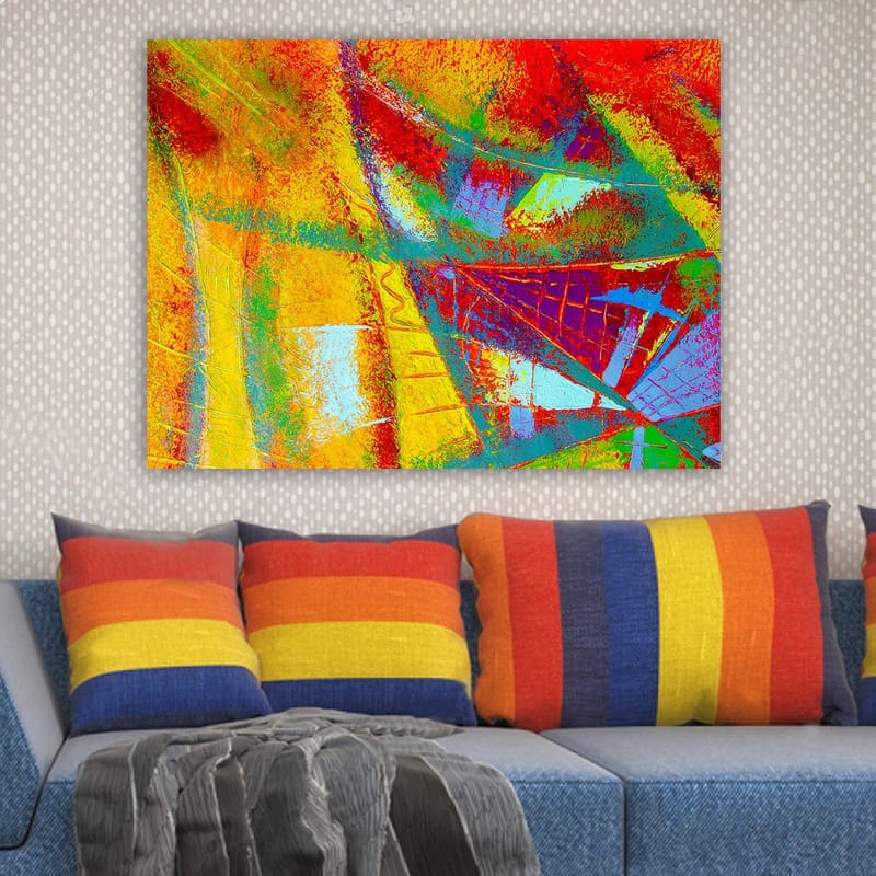 Canvastavla 70x100 cm - Ett abstrakt konstverk med livfulla färger och dynamiska former som skapar en känsla av rörelse - Röd / Gul / Blå - Inredning - Tavlor & konst - Canvastavlor