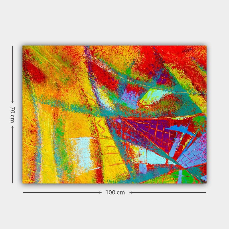 Canvastavla 70x100 cm - Ett abstrakt konstverk med livfulla färger och dynamiska former som skapar en känsla av rörelse - Röd / Gul / Blå - Inredning - Tavlor & konst - Canvastavlor