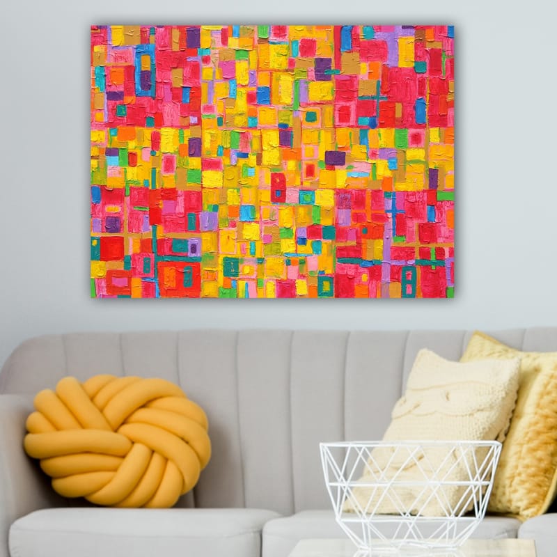 Canvastavla 70x100 cm - Ett färgglatt abstrakt mönster med kvadratiska former som skapar en livlig och energisk känsla - Röd / Gul / Grön - Inredning - Tavlor & konst - Canvastavlor
