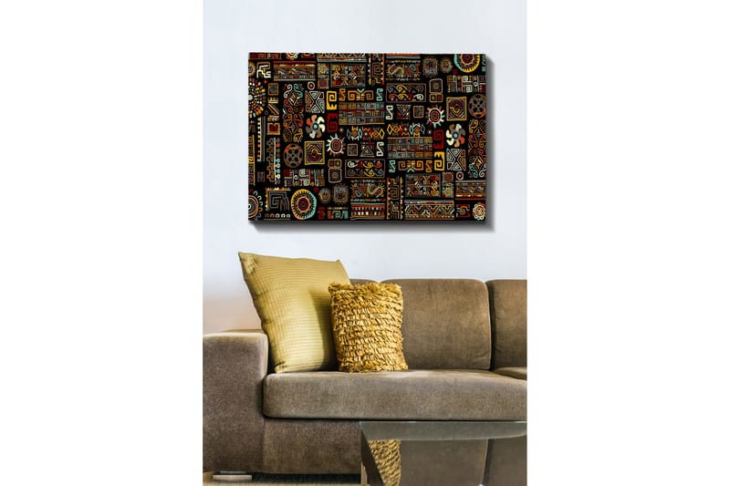 Canvastavla 70x100 cm - Ett färgglatt geometriskt mönster med symboliska inslag - Svart / Röd / Gul - Inredning - Tavlor & konst - Canvastavlor
