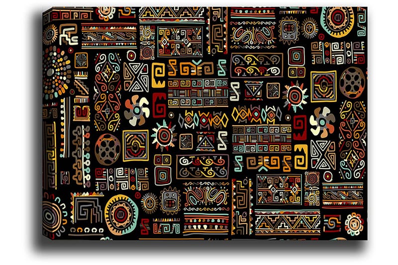Canvastavla 70x100 cm - Ett färgglatt geometriskt mönster med symboliska inslag - Svart / Röd / Gul - Inredning - Tavlor & konst - Canvastavlor