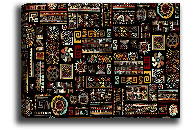 Canvastavla 70x100 cm - Ett färgglatt geometriskt mönster med symboliska inslag - Svart / Röd / Gul - Inredning - Tavlor & konst - Canvastavlor