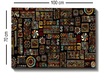 Canvastavla 70x100 cm - Ett färgglatt geometriskt mönster med symboliska inslag - Svart / Röd / Gul - Inredning - Tavlor & konst - Canvastavlor