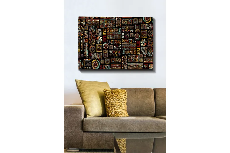 Canvastavla 70x100 cm - Ett färgglatt geometriskt mönster med symboliska inslag - Svart / Röd / Gul - Inredning - Tavlor & konst - Canvastavlor