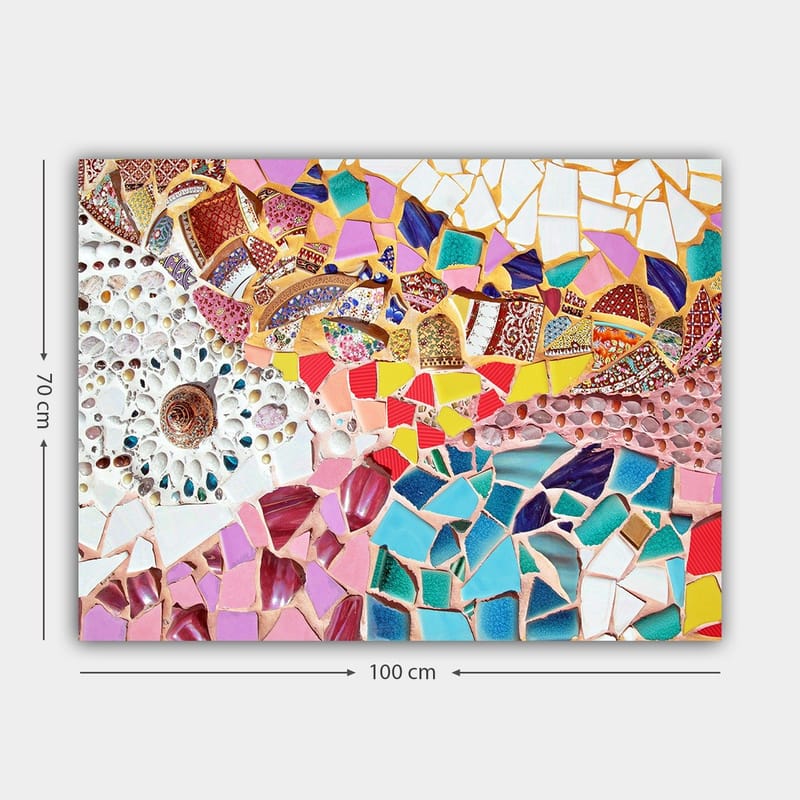 Canvastavla 70x100 cm - Ett färgglatt mosaikverk med snäckor och geometriska former som skapar en livfull komposition - Rosa / Blå / Guld - Inredning - Tavlor & konst - Canvastavlor