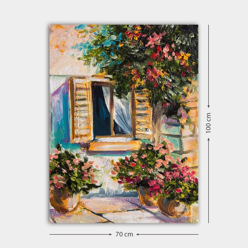 Canvastavla 70x100 cm - Ett fönster med öppna persienner omgiven av blommor i krukor - Grön / Rosa / Beige - Inredning - Tavlor & konst - Canvastavlor