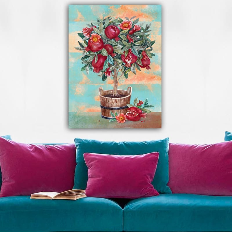 Canvastavla 70x100 cm - Ett fruktträd med granatäpplen och blommor i en träkruka - Röd / Grön / Brun - Inredning - Tavlor & konst - Canvastavlor