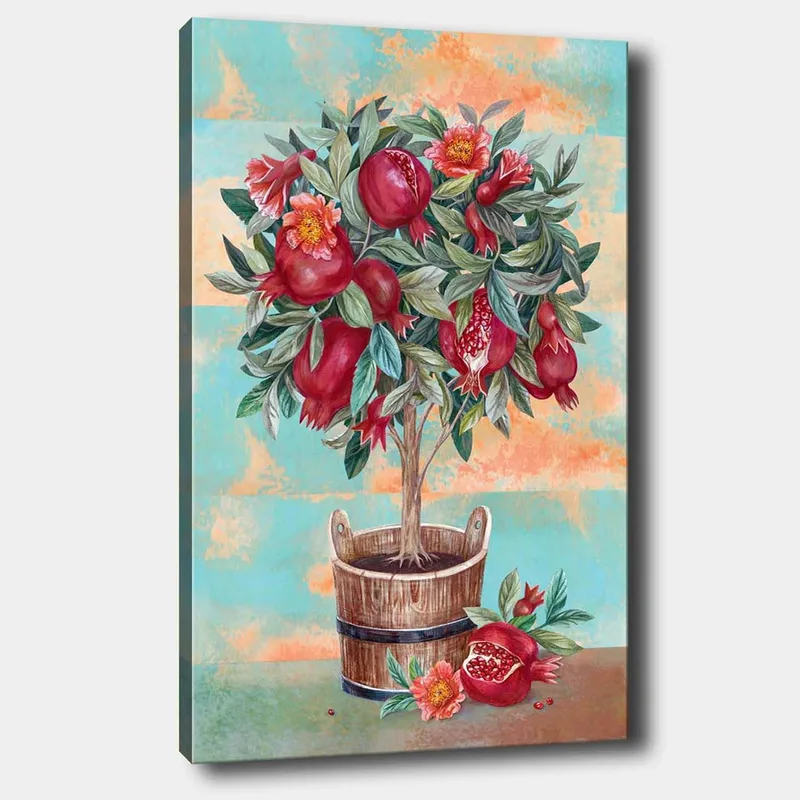 Canvastavla 70x100 cm - Ett fruktträd med granatäpplen och blommor i en träkruka, Röd / Grön / Brun