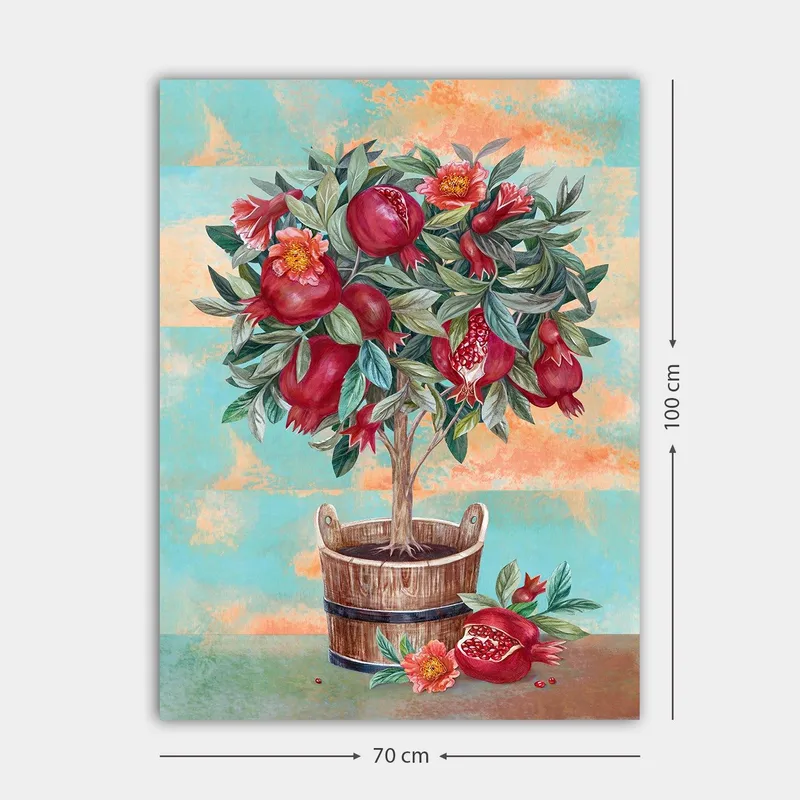 Canvastavla 70x100 cm - Ett fruktträd med granatäpplen och blommor i en träkruka - Röd / Grön / Brun - Inredning - Tavlor & konst - Canvastavlor