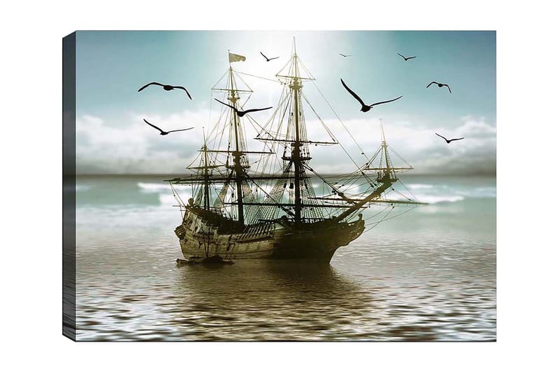 Canvastavla 70x100 cm - Ett gammalt segelfartyg som navigerar genom stilla vatten under en ljus himmel, Blå / Grå / Brun